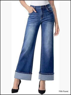 High Waisted Wide Leg Jeans Stretchy Cuffed Baggy Denim Pants